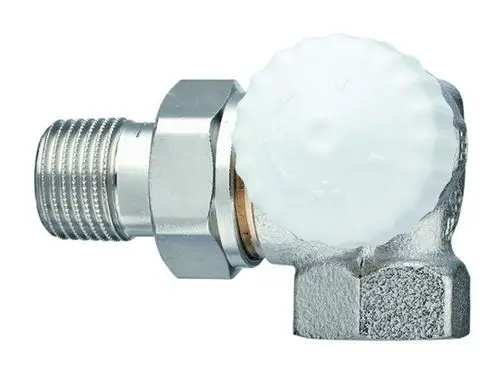 Thermostat-Ventilunterteil mit gewinkeltem Anschluss, aus Metall gefertigt, präsentiert von IMI Hydronic Engineering. Geeignet für die Heizungsinstallation.